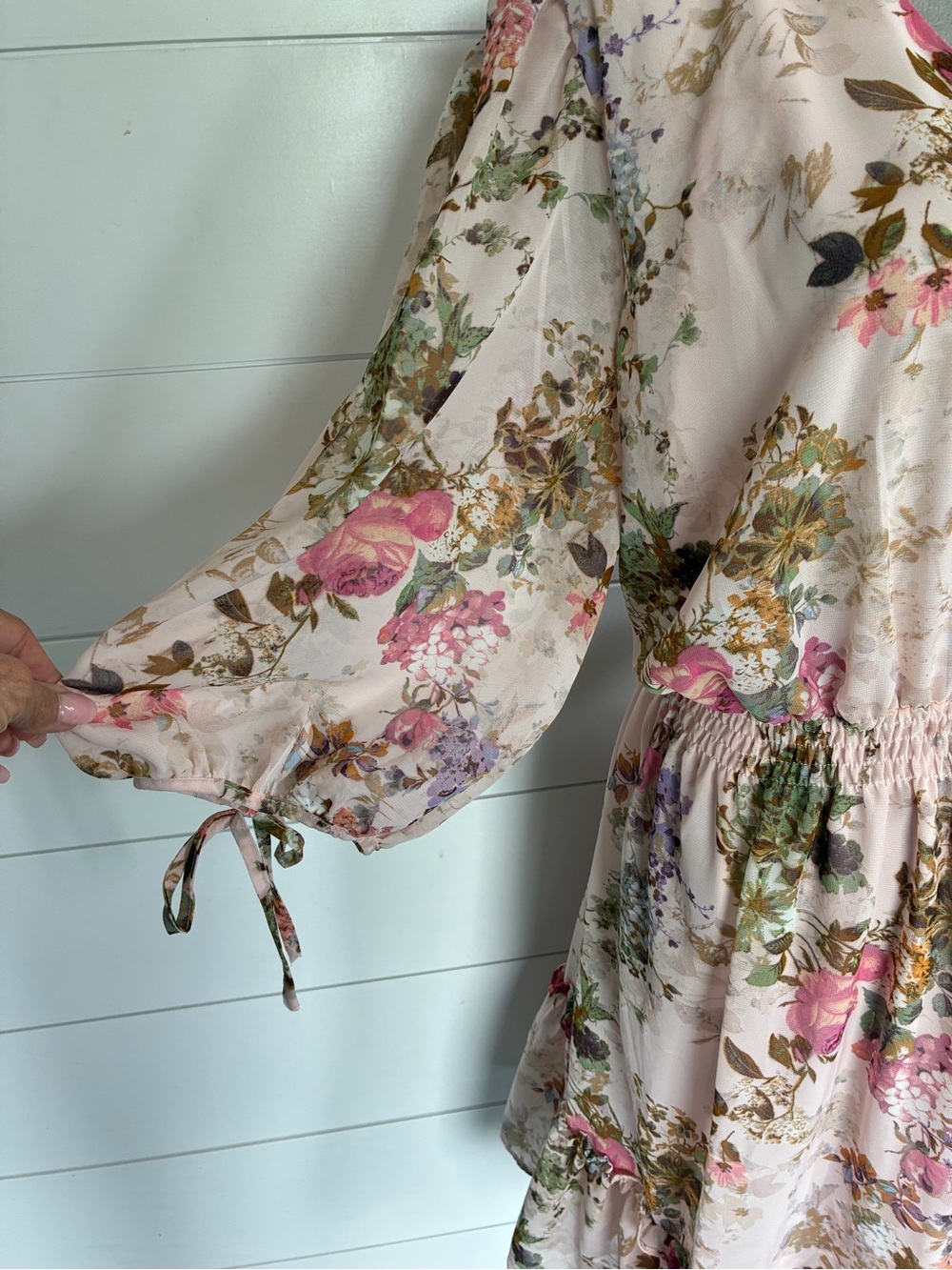 Taylor Floral Chiffon A-Line Dress 22W Pink Knee Length V-Neck Balloon Sleeve - Picture 5 of 11